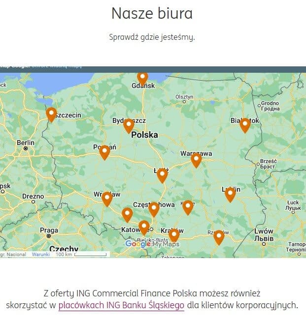 Mapa biur regionalnych ING Commercial Finance