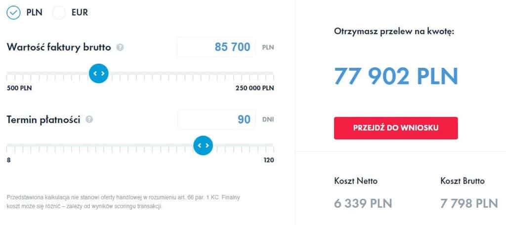 Kalkulator zaliczki faktoringowej PragmaGO