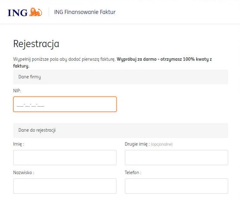 Formularz rejestracyjny na ING Finansowanie Faktur