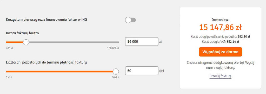 Kalkulator finansowania faktury w ING