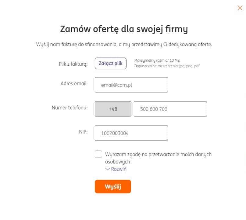 Zamówienie oferty finansowania faktur w ING