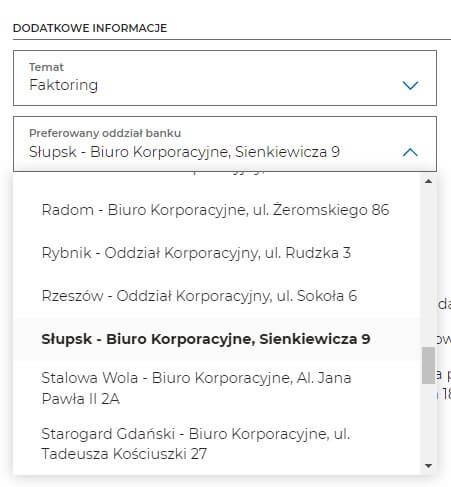 Wybór oddziału mBanku w formularzu dla faktoranta