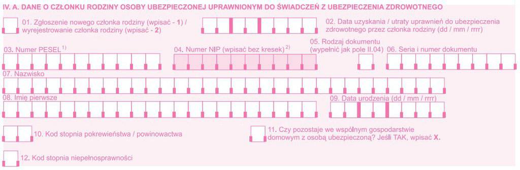 Druk ZCNA - dane członka rodziny osoby ubezpieczonej IV A