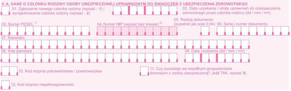 Druk ZCNA - dane członka rodziny osoby ubezpieczonej V A