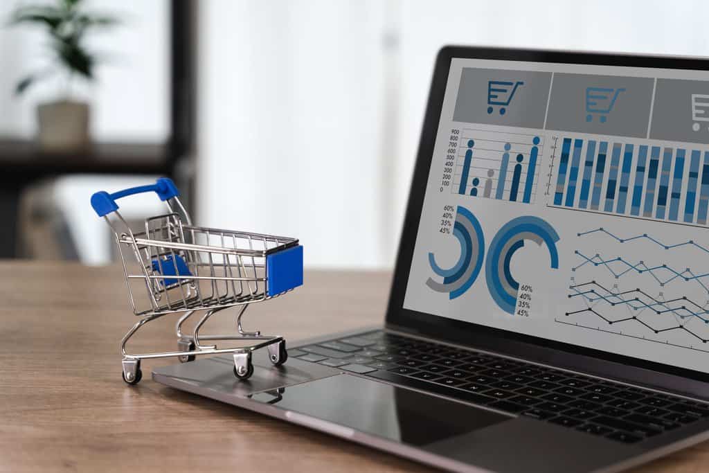 Laptop z dashboardem sklepu ecommerce